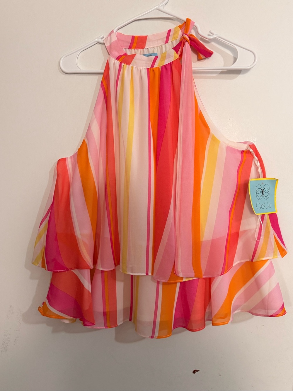 CeCe Pink Orange Cream Striped Halter Ruffle Camisole